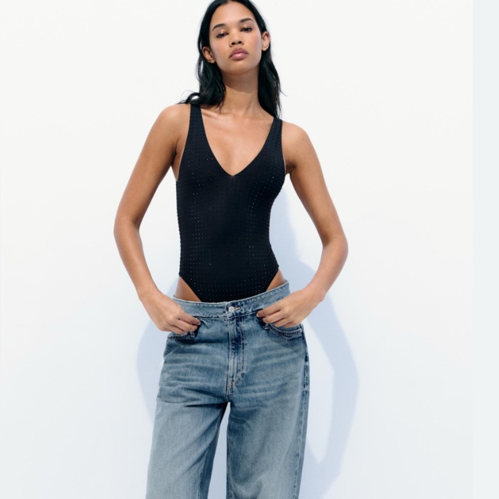 Black V-Neck Rhinestone Bodysuit